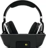 A pair of black and silver headphones resting on a black charging dock. Produktbild-Vorschau