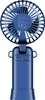 A blue handheld fan is shown from the back, with its fan blades, controls, and charging port visible. The fan is foldable and has a base stand. Produktbild-Vorschau