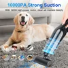 A golden retriever dog is lying on a rug next to a black hand vacuum cleaner. Several small circular images show different types of debris that can be vacuumed. Produktbild-Vorschau