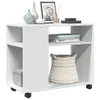 A white side table with shelves and a basket on wheels. Podgląd zdjęcia produktu