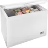 A white chest freezer with its lid open, filled with frozen food items. Produktbild-Vorschau