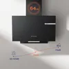 A black range hood mounted on a wall, with graphics indicating noise levels. Voir les images du produit