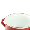 A close-up view of the rim and handle of a red enamel pot. Produktbild-Vorschau
