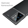 A close-up view of a smartphone case with a carbon fiber texture, highlighting the camera protection. Produktbild-Vorschau
