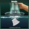 A split image showing details of a vacuum cleaner. The top part shows a hand holding a transparent dustbin with debris inside, and the bottom part shows a HEPA filter being washed in water. Produktbild-Vorschau