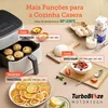 A collage showing an air fryer and various food items being prepared, alongside text and graphics explaining its functions. Náhľad obrázku produktu