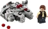 A LEGO Millennium Falcon Microfighter set with a Han Solo minifigure and two red stud-like pieces. Produktbild-Vorschau