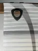 A close-up of a grey and white striped roller blind with a metallic shield-shaped clip attached to the top. Produktbild-Vorschau