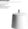A white ceramic sugar bowl with a lid, shown from a side-angle, with text providing its dimensions and capacity. Produktbild-Vorschau