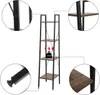 A collage of images showing a tall, narrow shelving unit with wooden shelves and a black metal frame. Close-up views highlight construction details and a weight capacity indicator. Produktbild-Vorschau