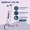 A marketing image for a purple BigWheel scooter, highlighting its features with text and icons. Produktbild-Vorschau