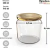 A clear, well-lit studio shot of a glass jar with a gold lid, featuring dimensions and feature icons. Voir les images du produit