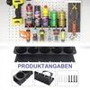 A pegboard wall organizer displaying various tools and spray cans, with a separate product shot of a black metal organizer below. Produktbild-Vorschau