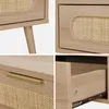 Collage of close-up shots of a wooden coffee table with rattan accents and a drawer. Produktbild-Vorschau