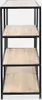 A tall, narrow shelving unit with four shelves, made of black metal and wood-look panels, shown against a white background. Produktbild-Vorschau