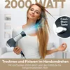 A woman is using a hairdryer on her hair, with text overlays highlighting product features. Anteprima dell’immagine prodotto