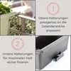 A collage showing how to attach a planter box to a railing and a close-up of the planter box. Produktbild-Vorschau