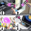 A collage of four images showing a cordless vacuum cleaner being used in different scenarios: in a car, on a windowsill, inflating balloons, and cleaning a laptop. Each image has a smaller inset showing an attachment. Produktbild-Vorschau