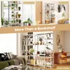 Collage showing different uses and angles of a white and natural wood bookshelf. Produktbild-Vorschau