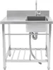 A stainless steel commercial kitchen sink with a faucet and drain pipe, shown against a white background. Produktbild-Vorschau