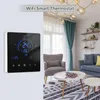 A smart thermostat is shown mounted on a wall, with a living room scene in the background. Náhled obrázku produktu