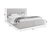 A light gray upholstered bed with pillows and a patterned blanket, shown with dimensions indicated. Produktbild-Vorschau