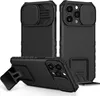 Three views of a black iPhone case with a sliding camera cover and kickstand. Produktbild-Vorschau