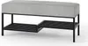 A bench with a striped upholstered seat and a black metal frame with two shelves for storage. Produktbild-Vorschau