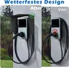 Two charging stations for electric cars are shown side-by-side, one with a protective cover and one without, in rainy conditions. Náhled obrázku produktu