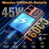 A smartphone is shown with a large battery graphic and charging cable, highlighting its battery capacity and charging speed. Anteprima dell’immagine prodotto