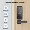 A smart lock is shown on a wooden door, with icons and text explaining its multiple unlocking methods. Podgląd zdjęcia produktu