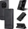 A collage of images showing a black leather phone case from different angles, including its interior card slots and stand function.