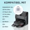 A robot vacuum cleaner and its charging dock are shown, with a list of compatible Roborock models and an image of a dust bag. Produktbild-Vorschau