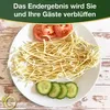 A plate of linguine pasta with sliced tomatoes and cucumbers, with promotional text at the top. Produktbild-Vorschau