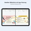 A tablet displaying two different applications side-by-side, demonstrating multitasking capabilities. Produktbild-Vorschau