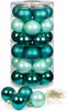 A clear, professional studio shot of a cylinder of Christmas ornaments in various shades of green and teal, with some loose ornaments and hooks in the foreground. Produktbild-Vorschau