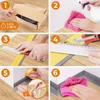 A collage of six images demonstrating the installation steps for a self-adhesive skirting board. Anteprima dell’immagine prodotto