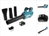 A teal and black Makita leaf blower with accessories and a battery pack, displayed on a white background. Produktbild-Vorschau
