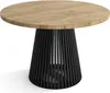 A round dining table with a wooden top and a black, slatted base, shown against a white background. Podgląd zdjęcia produktu