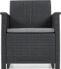 A close-up, front-facing view of a dark gray rattan-style armchair with a light gray cushion. Produktbild-Vorschau