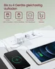 A close-up view of a white power strip with multiple outlets and USB ports, connected to a phone and a tablet. Produktbild-Vorschau