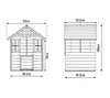 Diagrams showing the dimensions of a wooden playhouse. Náhled obrázku produktu