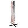 A closed patio umbrella with a beige canopy is standing upright on a black cross-shaped base, against a white background. Produktbild-Vorschau