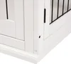 A close-up view of the corner of a white wooden dog crate, showing the hinge and screw details. Podgląd zdjęcia produktu