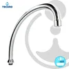 A chrome-plated faucet spout on a white background with graphic overlays. Produktbild-Vorschau
