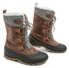 A pair of brown winter boots with gray fabric accents and white faux fur lining, displayed on a white background. Anteprima dell’immagine prodotto