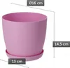 A pink flower pot with a saucer, with dimensions indicated by lines and text. Náhled obrázku produktu