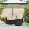 An outdoor patio scene with a black L-shaped sofa set, a small black table, and a large umbrella. Produktbild-Vorschau