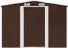 A front view of a brown metal shed with double doors and white trim. Podgląd zdjęcia produktu