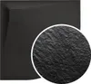 A close-up view of a black shower tray with a textured stone-like surface, with a magnified circular inset showing the texture in detail. Produktbild-Vorschau